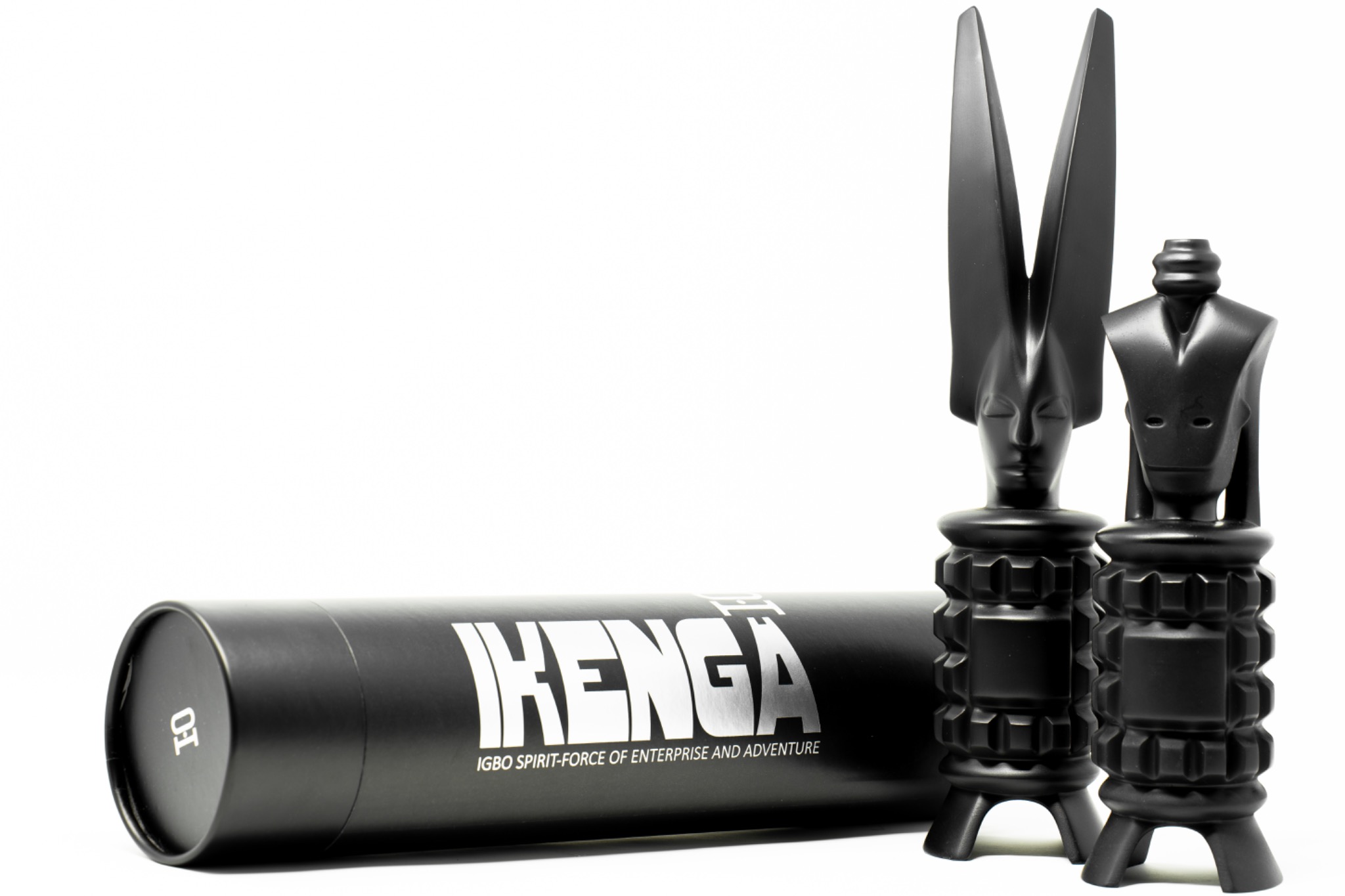 Horns Up and Horns Down Ikenga objects with cylindrical Ikenga packaging