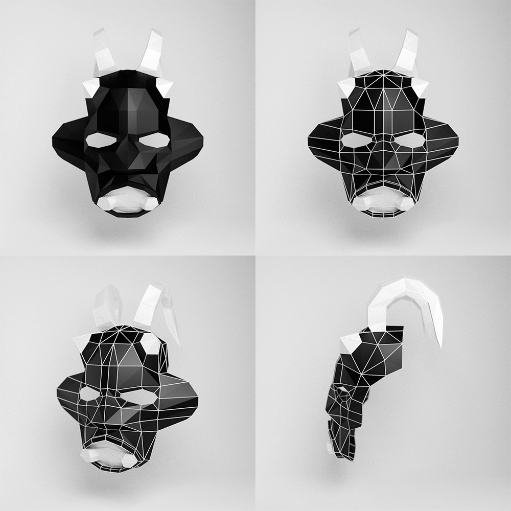 Compact contemporary mask shown in solid, wireframe, three-quarter and profile digital model views