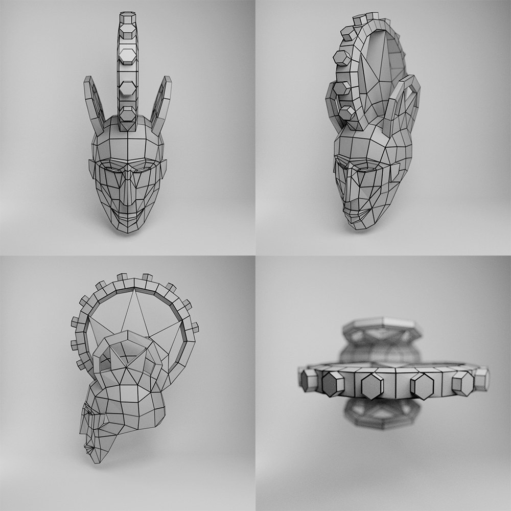Crowned contemporary mask shown from front, three-quarter, side and top digital model views