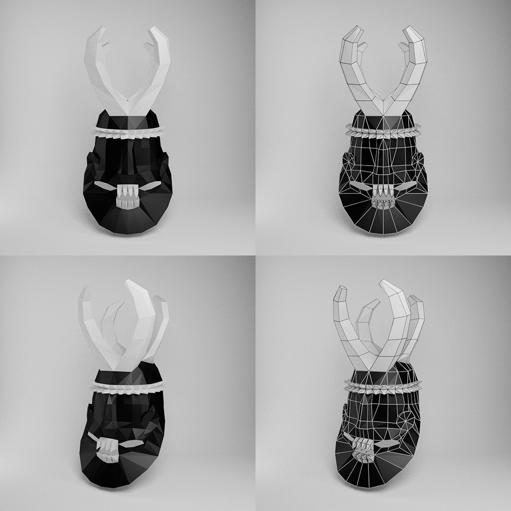 Horned contemporary mask shown in solid and wireframe digital model views