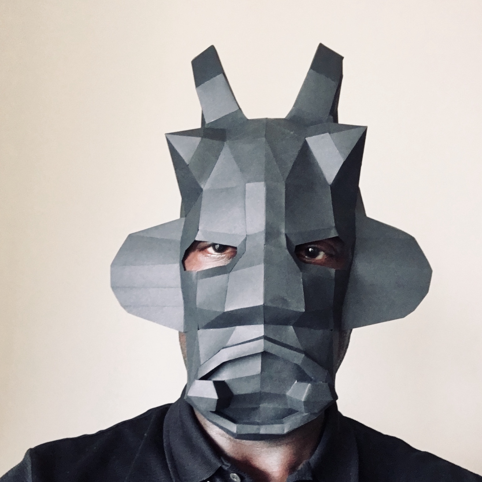 A contemporary geometric mask worn from the front